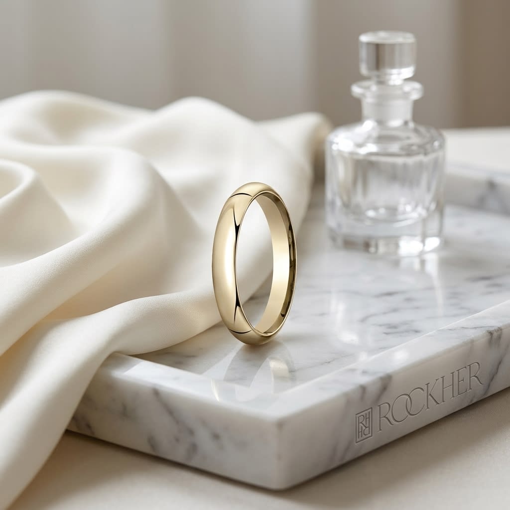 4mm High Dome Comfort-Fit Wedding Band in 18K Yellow Gold, on marble vanity tray with silk