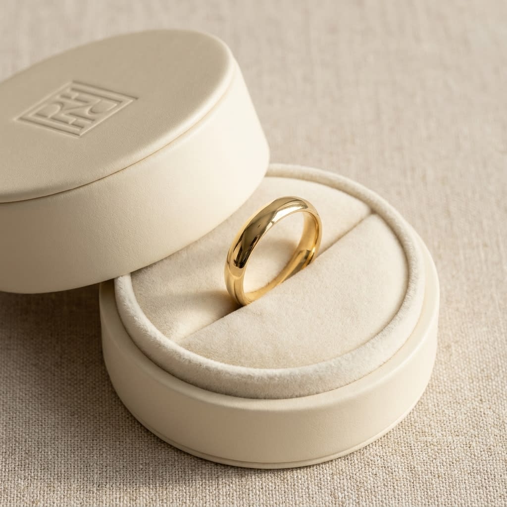 4mm High Dome Comfort-Fit Wedding Band in 18K Yellow Gold, in navy velvet jewelry box