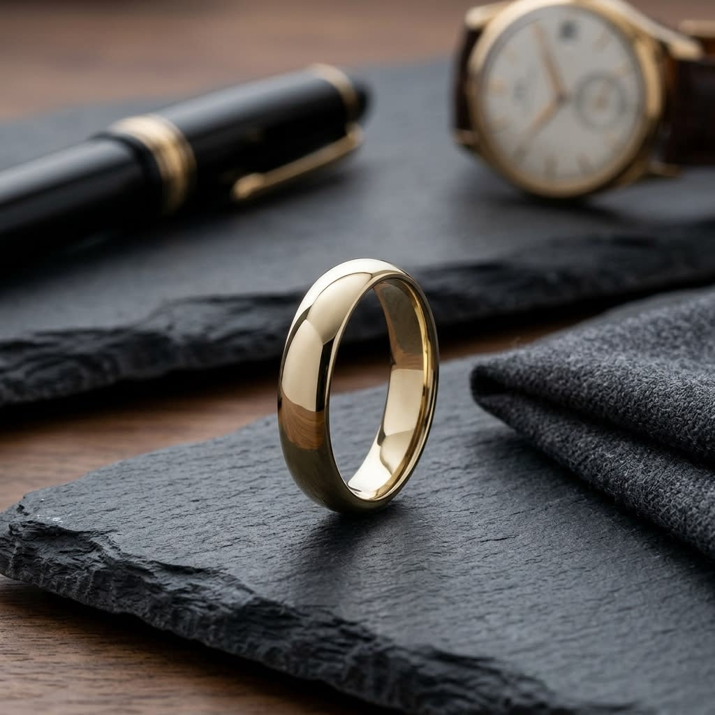 5mm High Dome Comfort-Fit Wedding Band in 18K Yellow Gold, on walnut surface with pocket square