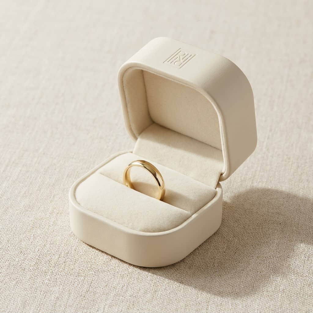 3mm Slightly Domed Comfort-Fit Wedding Band in 18K Yellow Gold, in navy velvet jewelry box