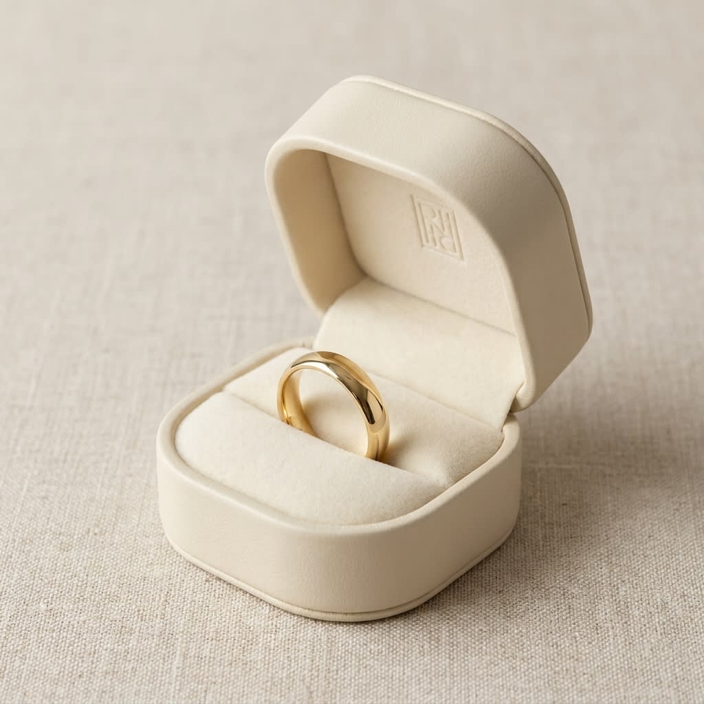 4mm Slightly Domed Comfort-Fit Wedding Band in 18K Yellow Gold, in navy velvet jewelry box