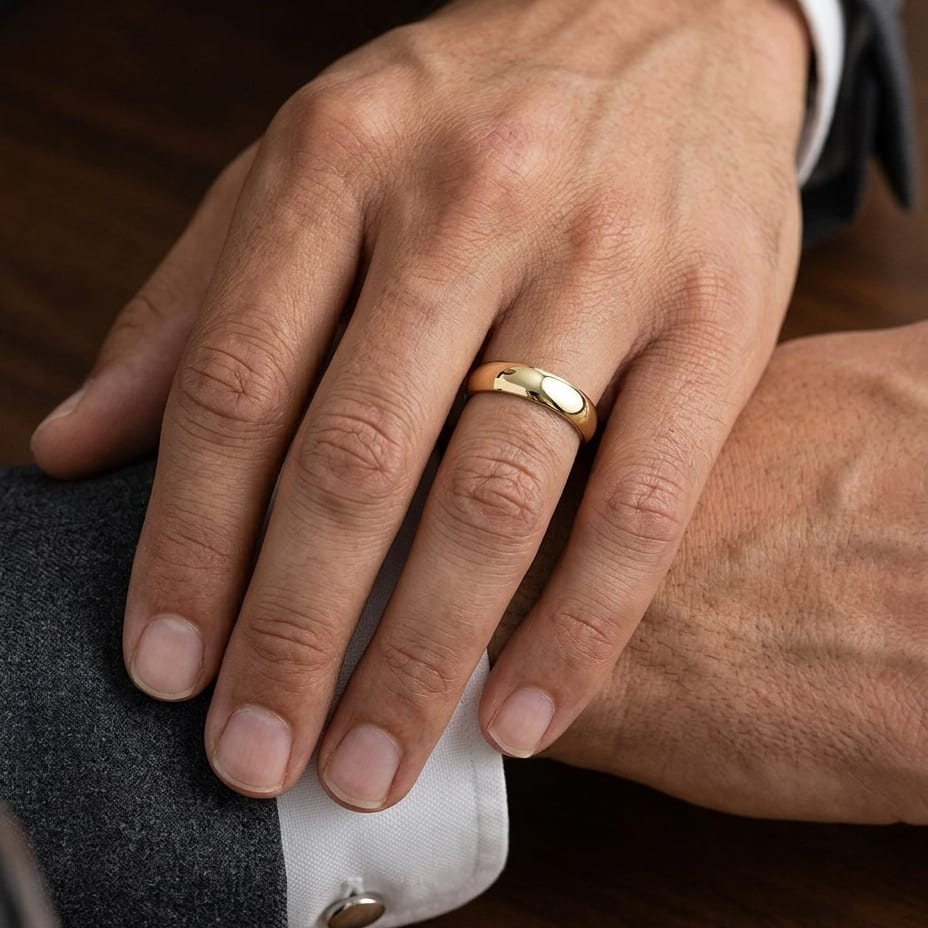 5mm Slightly Domed Comfort-Fit Wedding Band in 18K Yellow Gold, worn on hand, masculine close-up