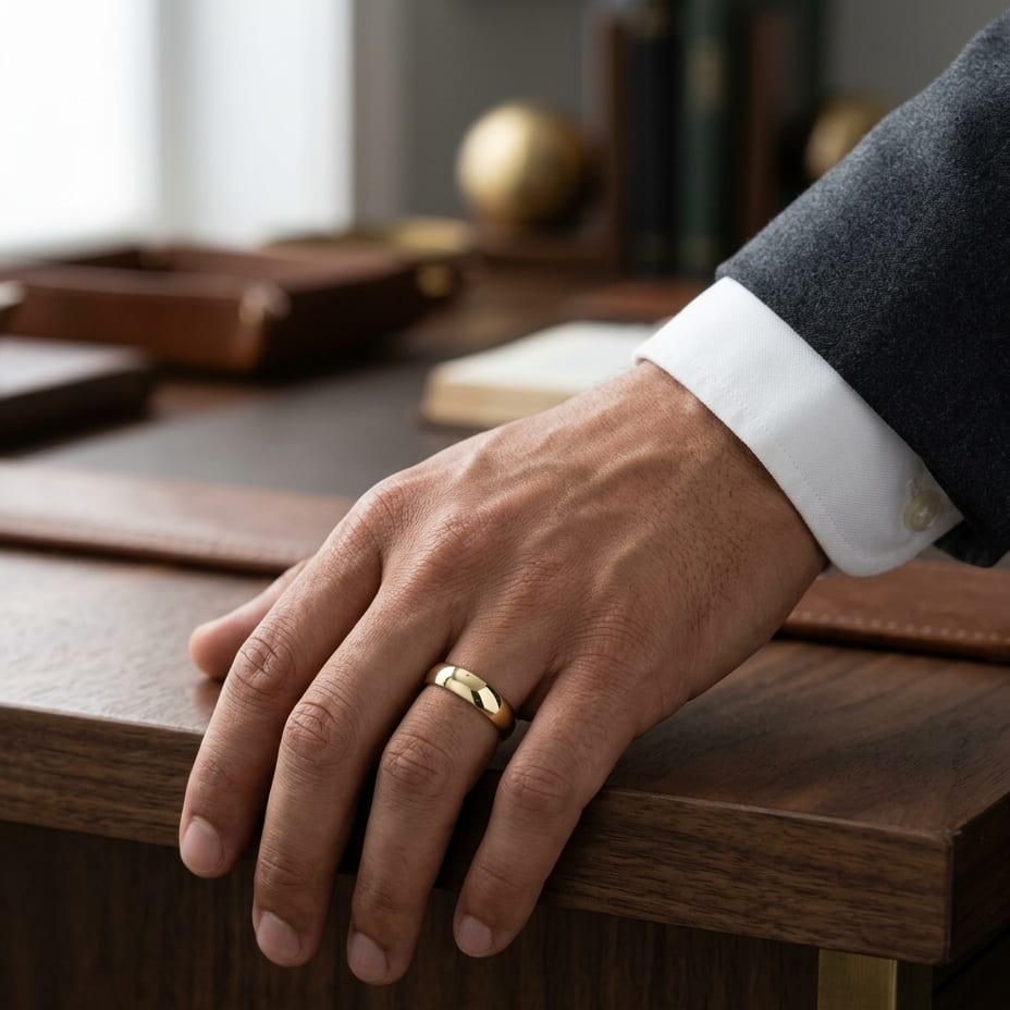 6mm Slightly Domed Comfort-Fit Wedding Band in 18K Yellow Gold, worn on hand, masculine full view