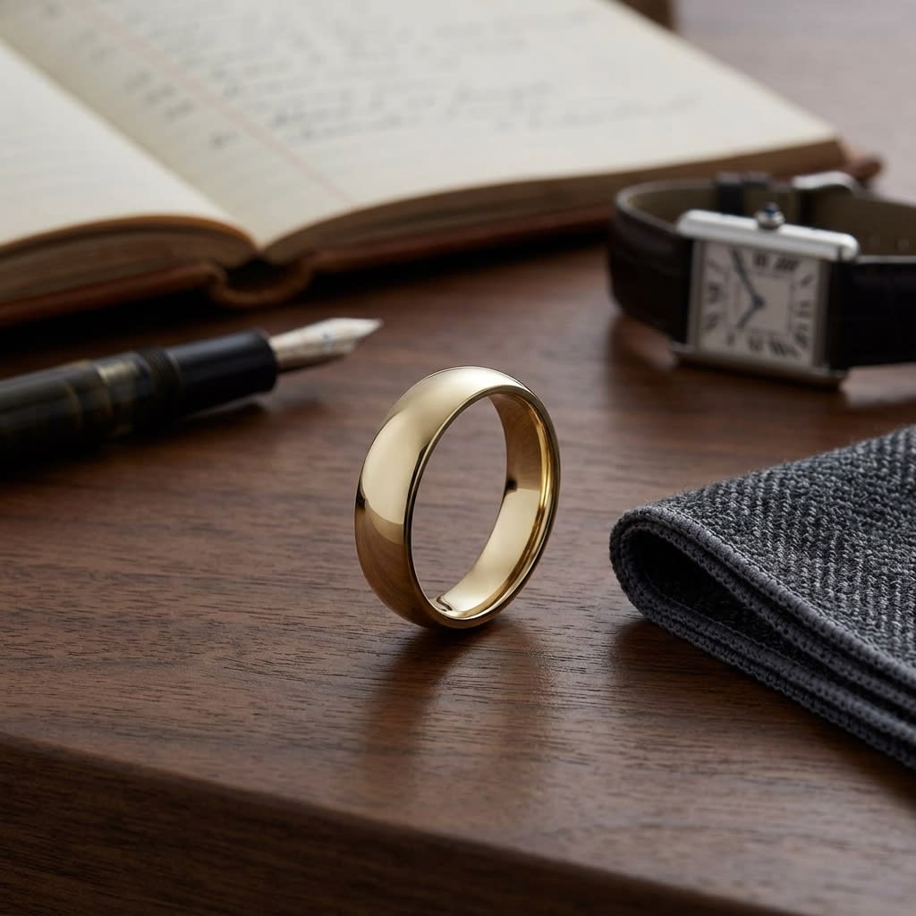 6mm Slightly Domed Comfort-Fit Wedding Band in 18K Yellow Gold, on walnut surface with pocket square