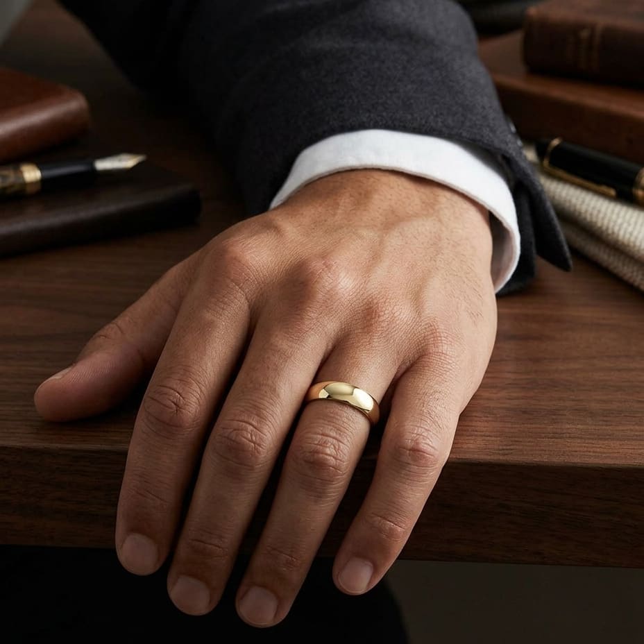 7mm Slightly Domed Comfort-Fit Wedding Band in 18K Yellow Gold, worn on hand, masculine full view