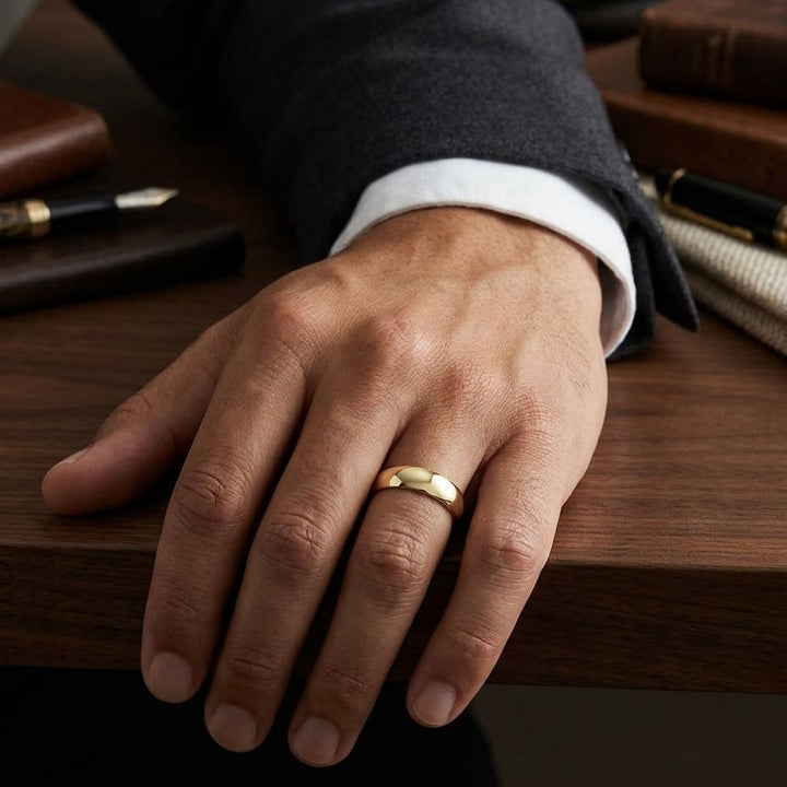 7mm Slightly Domed Comfort-Fit Wedding Band in 18K Yellow Gold, worn on hand, masculine full view