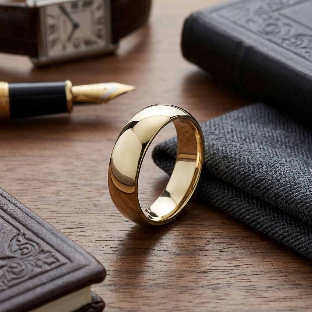 7mm Slightly Domed Comfort-Fit Wedding Band in 18K Yellow Gold, on walnut surface with pocket square