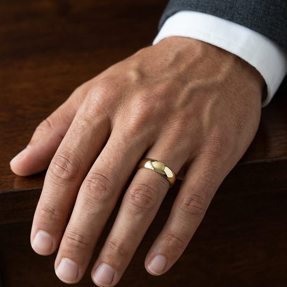 8mm Slightly Domed Comfort-Fit Wedding Band in 18K Yellow Gold, worn on hand, masculine close-up
