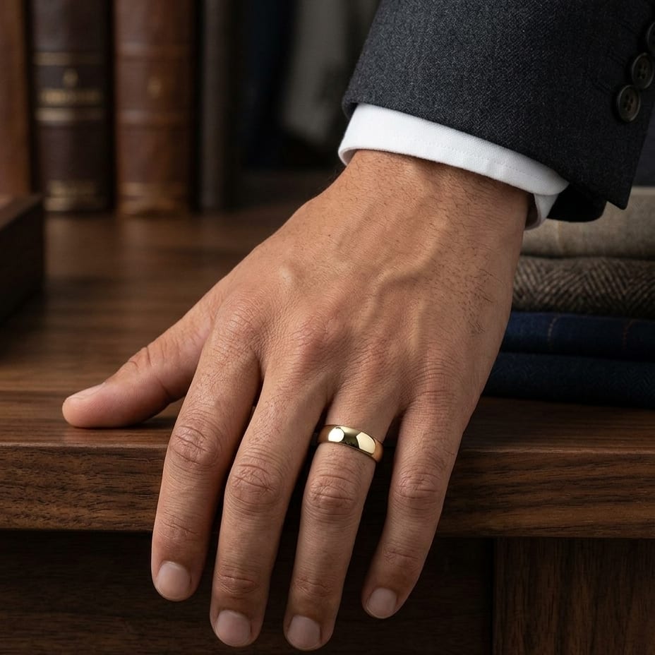 8mm Slightly Domed Comfort-Fit Wedding Band in 18K Yellow Gold, worn on hand, masculine full view