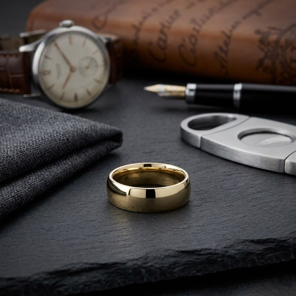 8mm Slightly Domed Comfort-Fit Wedding Band in 18K Yellow Gold, on walnut surface with pocket square