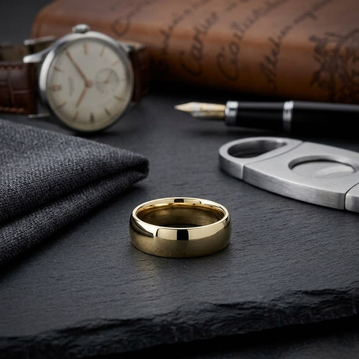 8mm Slightly Domed Comfort-Fit Wedding Band in 18K Yellow Gold, on walnut surface with pocket square