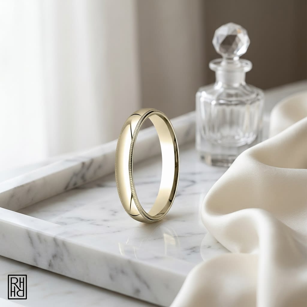 4mm Slightly Domed Milgrain Comfort-Fit Wedding Band in 18K Yellow Gold, on marble vanity tray with silk