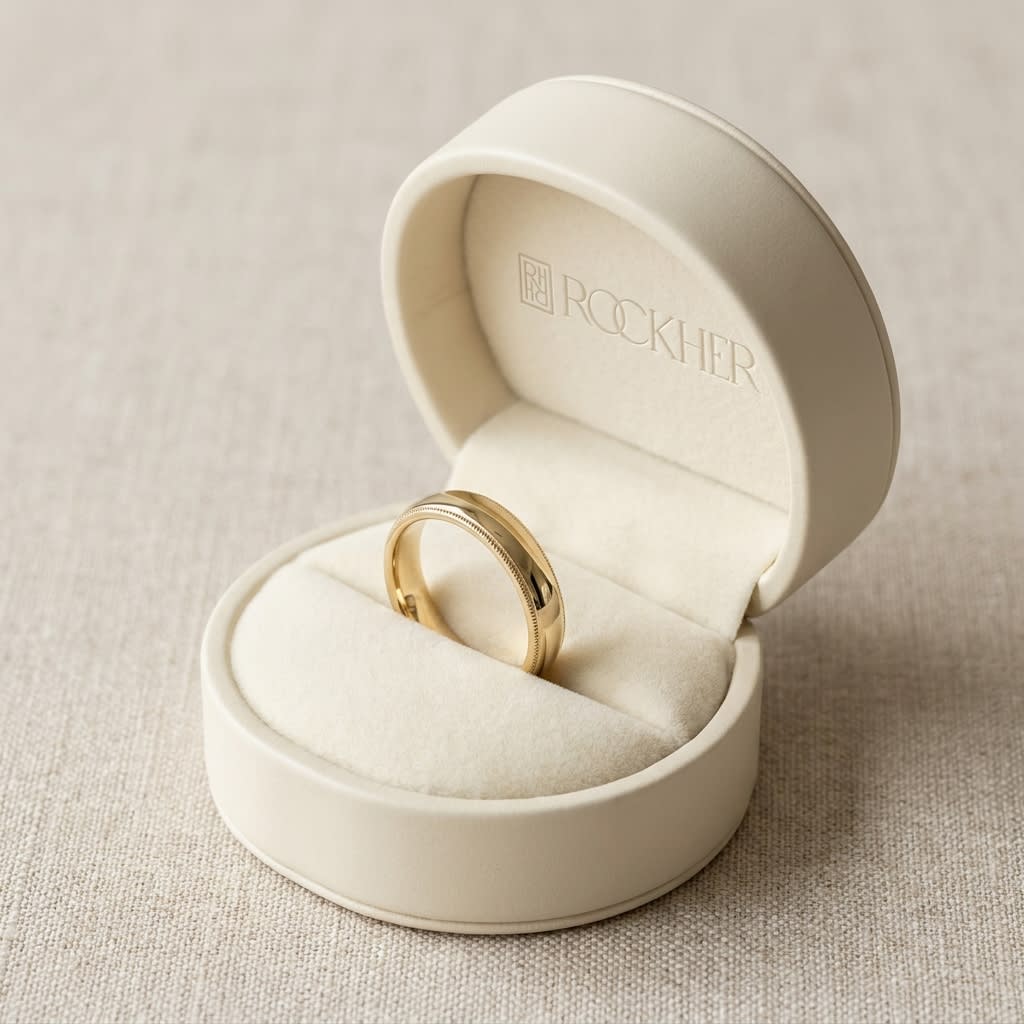 4mm Slightly Domed Milgrain Comfort-Fit Wedding Band in 18K Yellow Gold, in navy velvet jewelry box