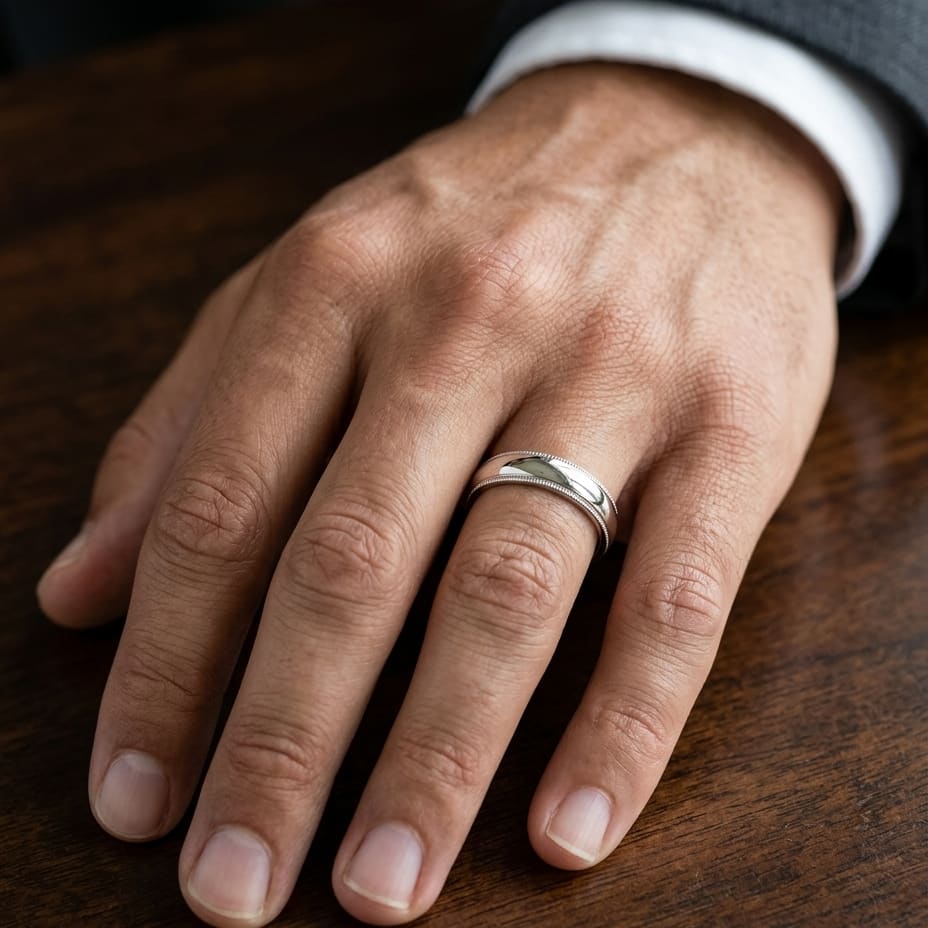 5mm Slightly Domed Milgrain Comfort-Fit Wedding Band in 18K Yellow Gold, worn on hand, masculine close-up