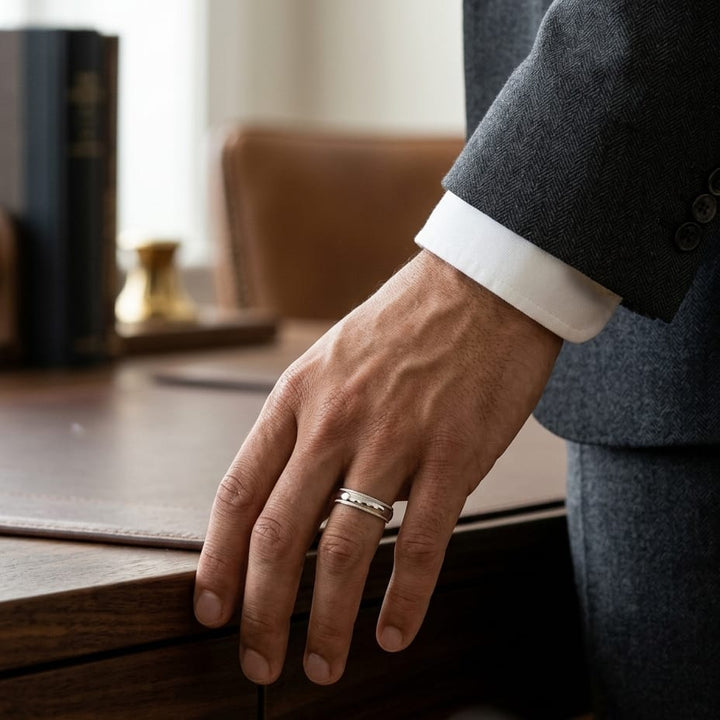 5mm Slightly Domed Milgrain Comfort-Fit Wedding Band in 18K Yellow Gold, worn on hand, masculine full view