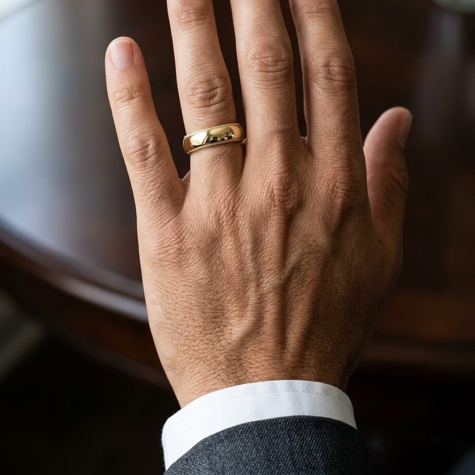 6mm Slightly Domed Milgrain Comfort-Fit Wedding Band in 18K Yellow Gold, worn on hand, masculine close-up