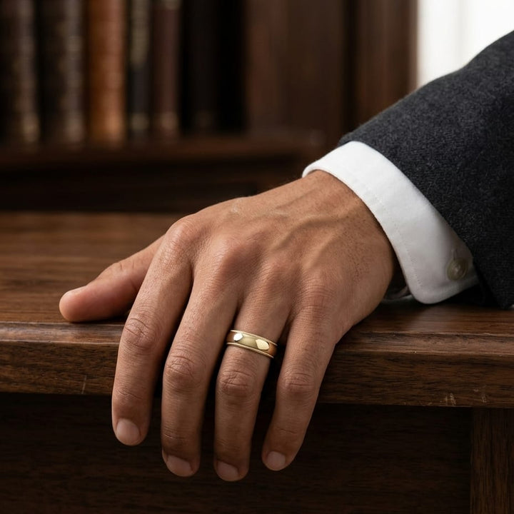 6mm Slightly Domed Milgrain Comfort-Fit Wedding Band in 18K Yellow Gold, worn on hand, masculine full view