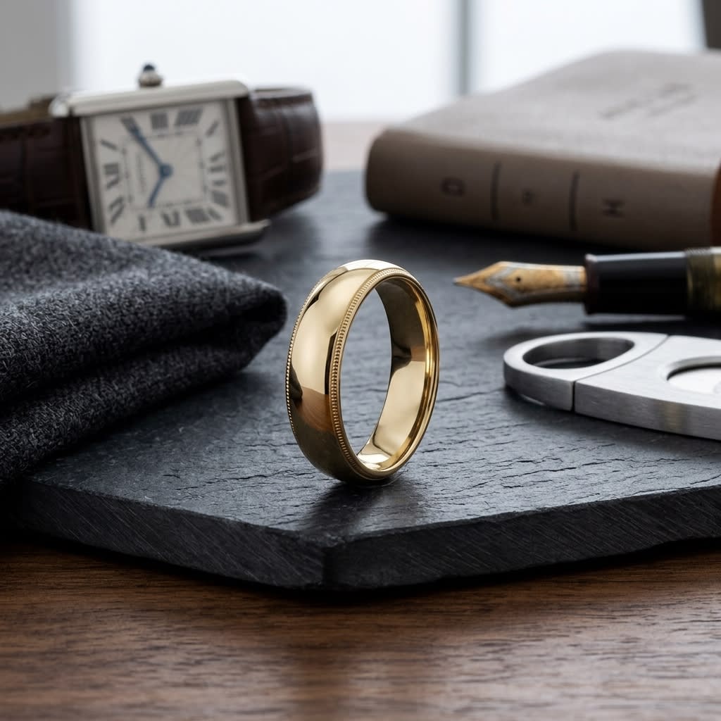 6mm Slightly Domed Milgrain Comfort-Fit Wedding Band in 18K Yellow Gold, on walnut surface with pocket square