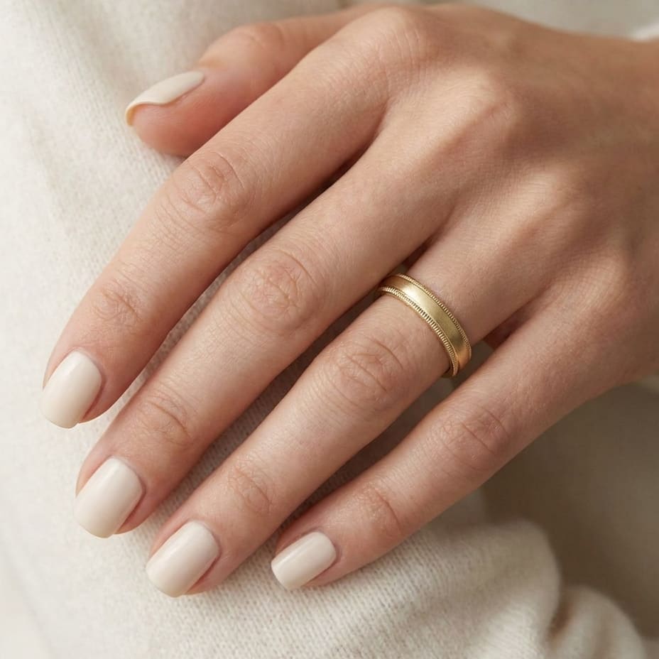 4mm Slightly Domed Double Milgrain Comfort-Fit Wedding Band in 18K Yellow Gold, worn on hand, close-up