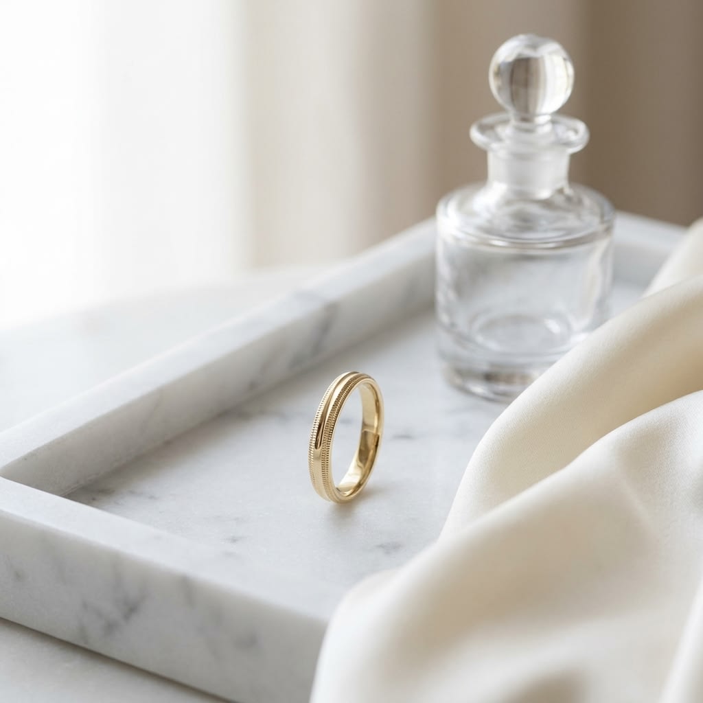 4mm Slightly Domed Double Milgrain Comfort-Fit Wedding Band in 18K Yellow Gold, on marble vanity tray with silk
