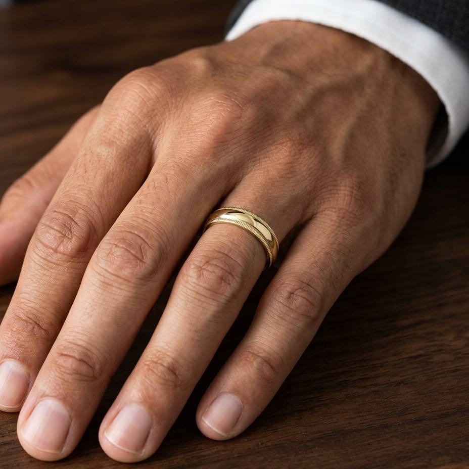 5mm Slightly Domed Double Milgrain Comfort-Fit Wedding Band in 18K Yellow Gold, worn on hand, masculine close-up