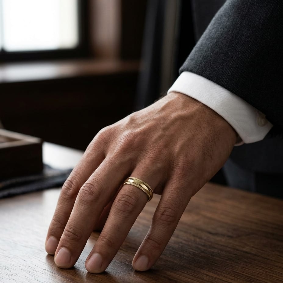 5mm Slightly Domed Double Milgrain Comfort-Fit Wedding Band in 18K Yellow Gold, worn on hand, masculine full view