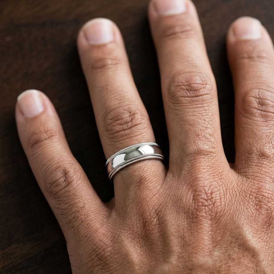 6mm Slightly Domed Double Milgrain Comfort-Fit Wedding Band in 18K Yellow Gold, worn on hand, masculine close-up