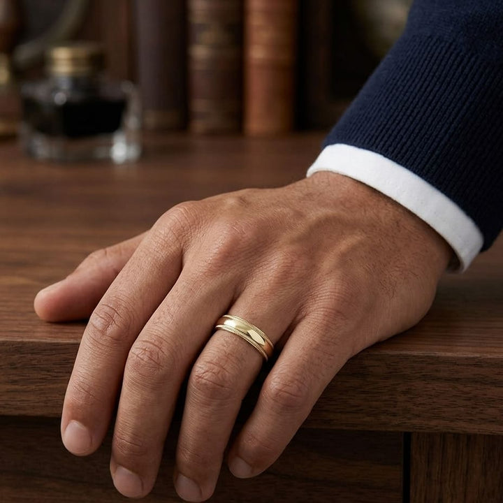 6mm Slightly Domed Double Milgrain Comfort-Fit Wedding Band in 18K Yellow Gold, worn on hand, masculine full view