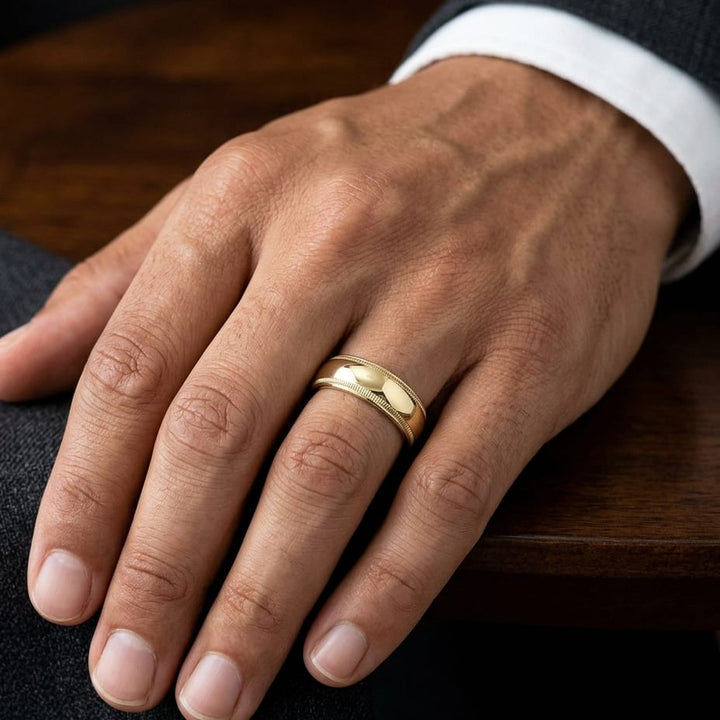 7mm Slightly Domed Double Milgrain Comfort-Fit Wedding Band in 18K Yellow Gold, worn on hand, masculine close-up