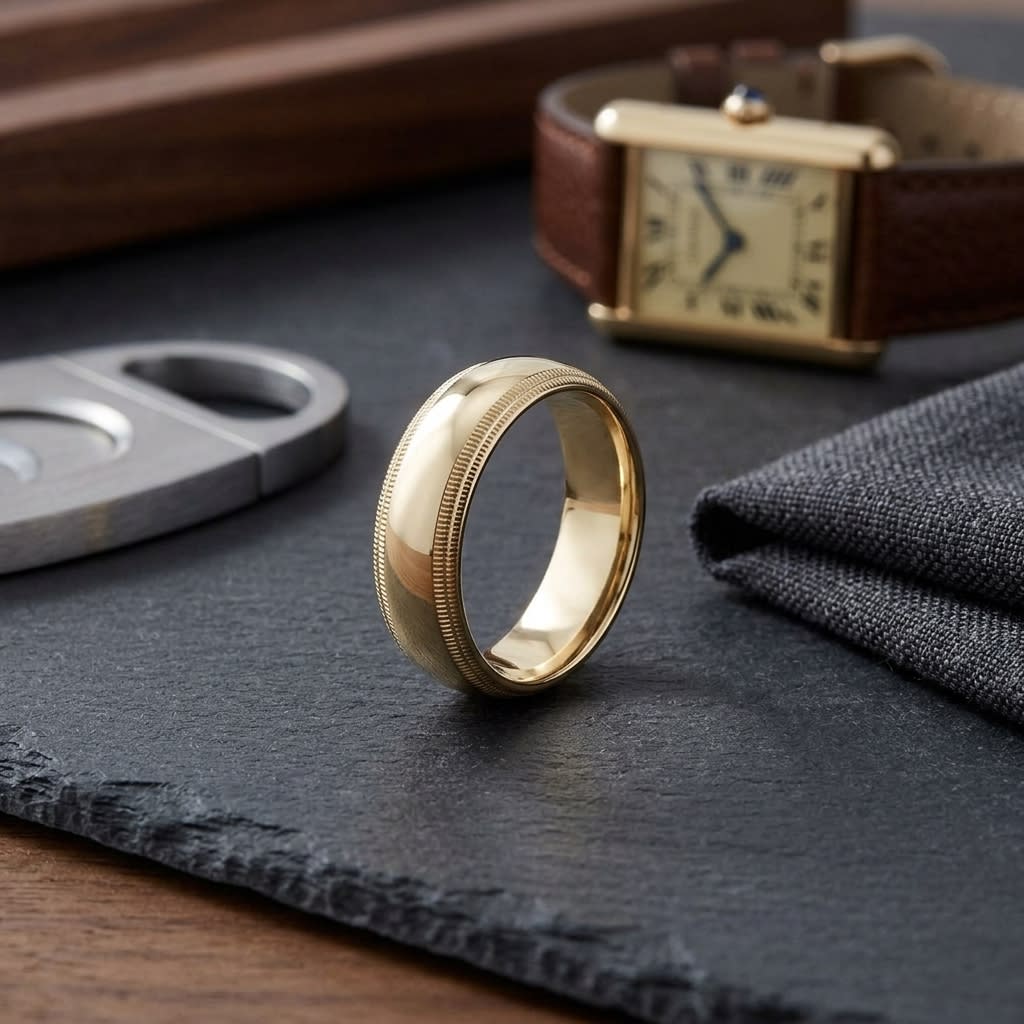 7mm Slightly Domed Double Milgrain Comfort-Fit Wedding Band in 18K Yellow Gold, on walnut surface with pocket square
