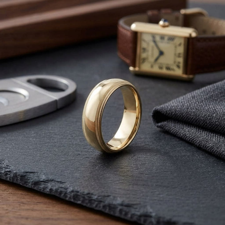 7mm Slightly Domed Double Milgrain Comfort-Fit Wedding Band in 18K Yellow Gold, on walnut surface with pocket square