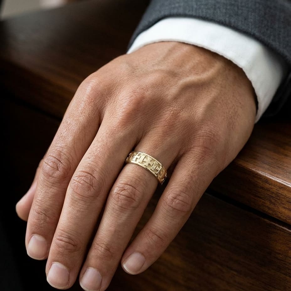 6mm Comfort-Fit Wedding Band in 18K Yellow Gold, worn on hand, masculine close-up