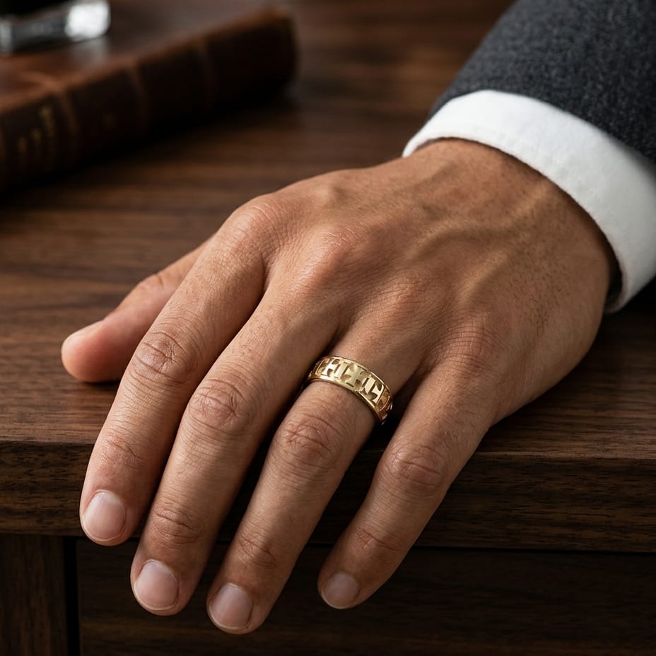 6mm Comfort-Fit Wedding Band in 18K Yellow Gold, worn on hand, masculine full view