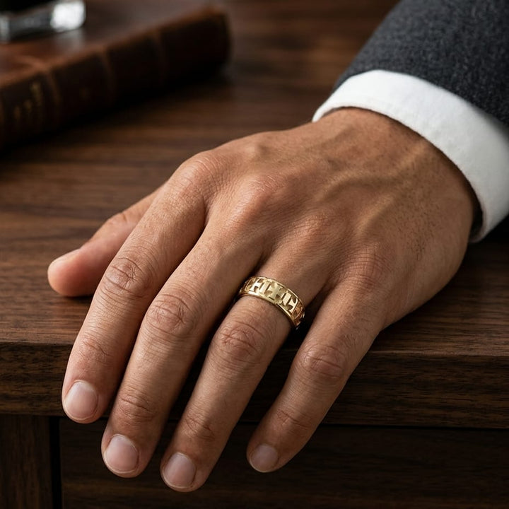 6mm Comfort-Fit Wedding Band in 18K Yellow Gold, worn on hand, masculine full view