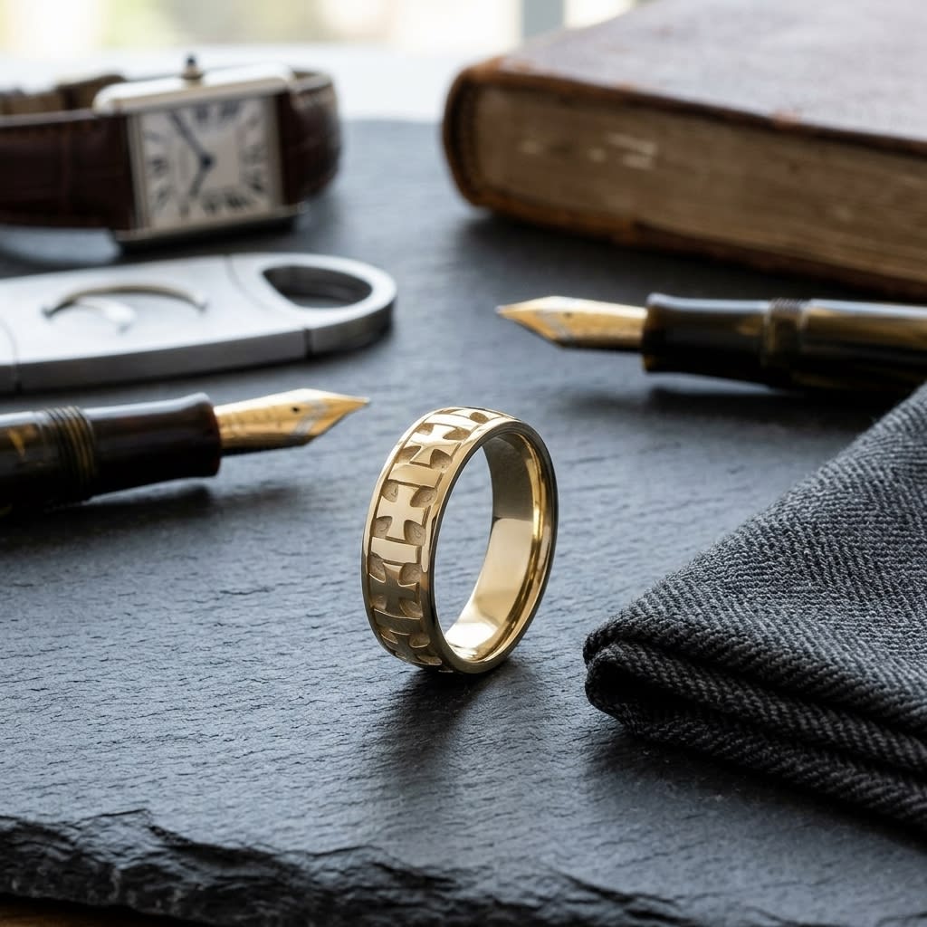 6mm Comfort-Fit Wedding Band in 18K Yellow Gold, on walnut surface with pocket square