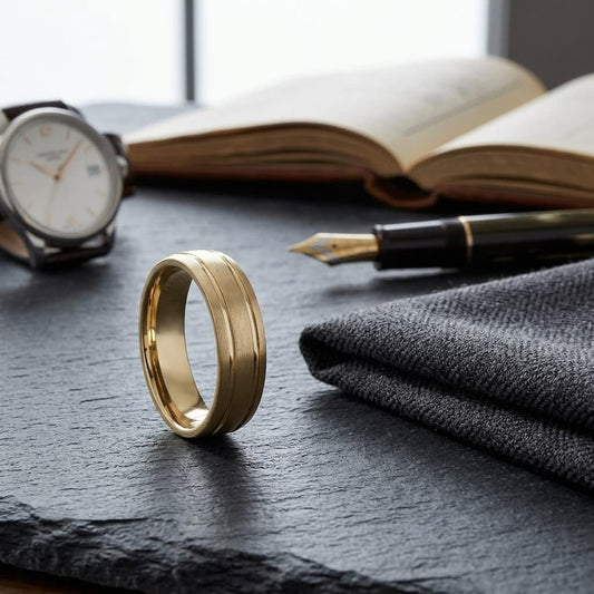 6mm Satin Finish Parallel Groove Carved Wedding Band in 18K Yellow Gold, on walnut surface with pocket square