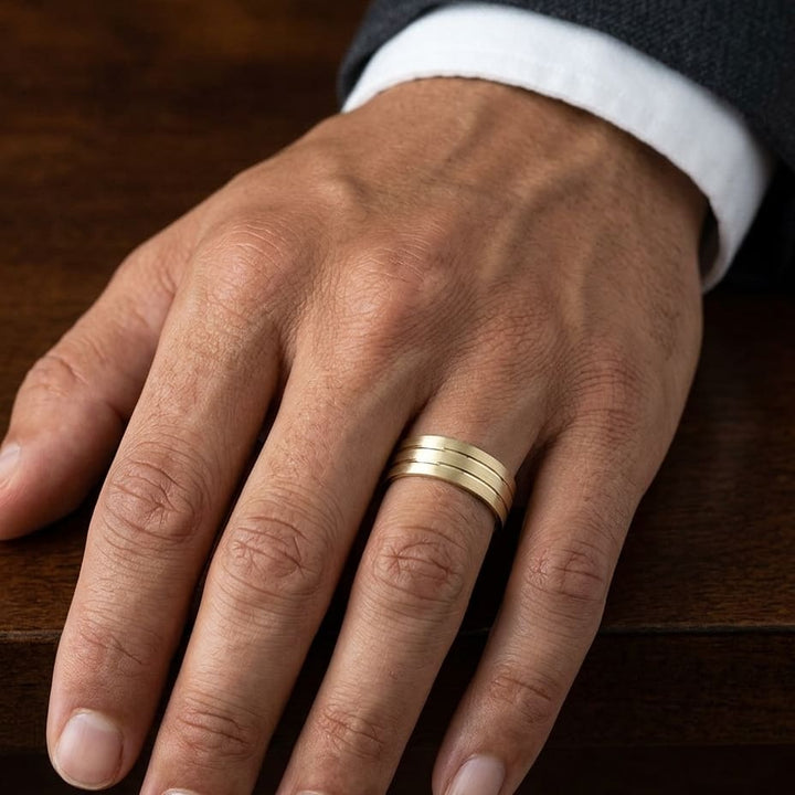 6mm Satin Finish Parallel Center Cut Carved Wedding Band in 18K Yellow Gold, worn on hand, masculine close-up
