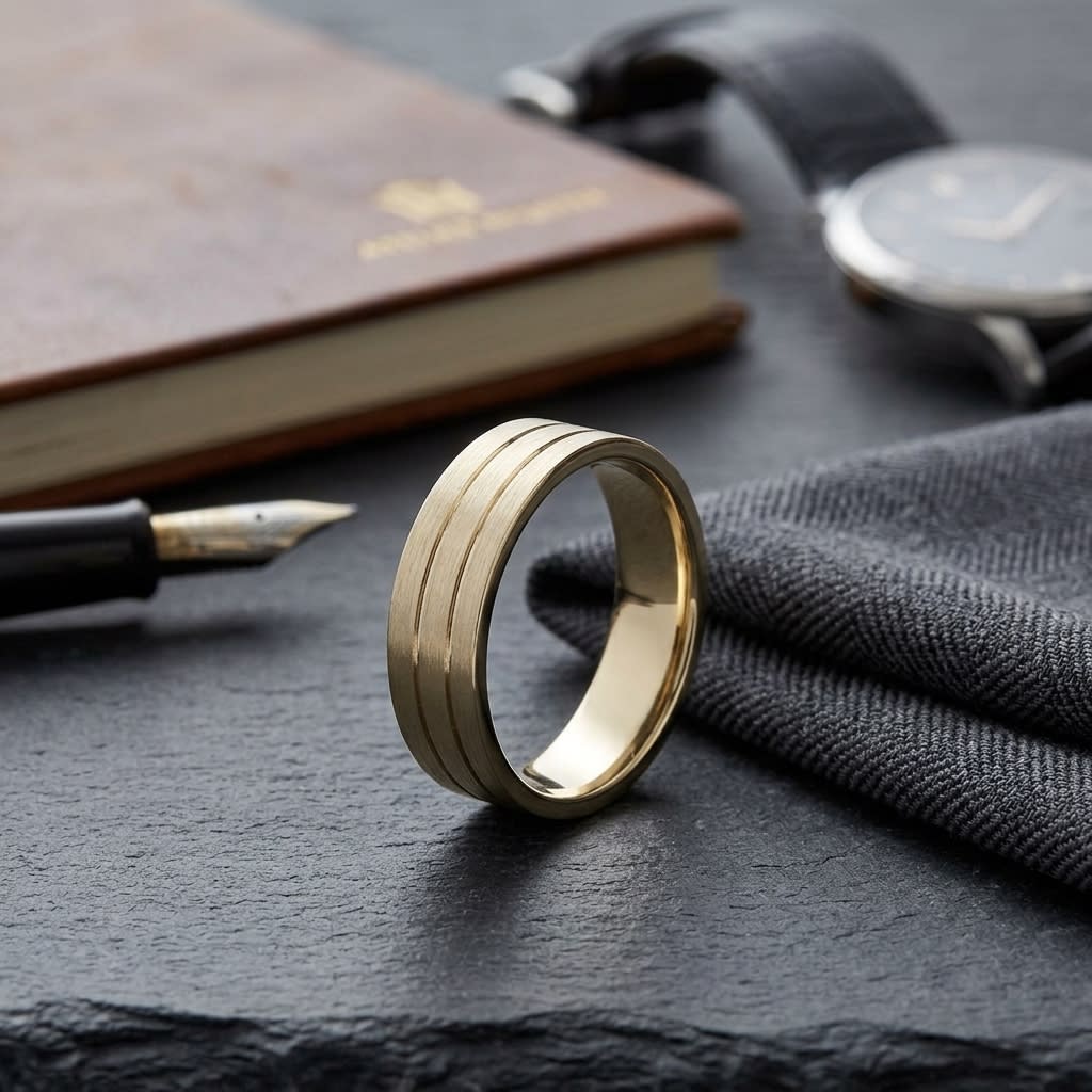 6mm Satin Finish Parallel Center Cut Carved Wedding Band in 18K Yellow Gold, on walnut surface with pocket square