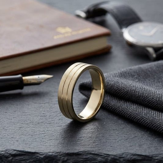 6mm Satin Finish Parallel Center Cut Carved Wedding Band in 18K Yellow Gold, on walnut surface with pocket square