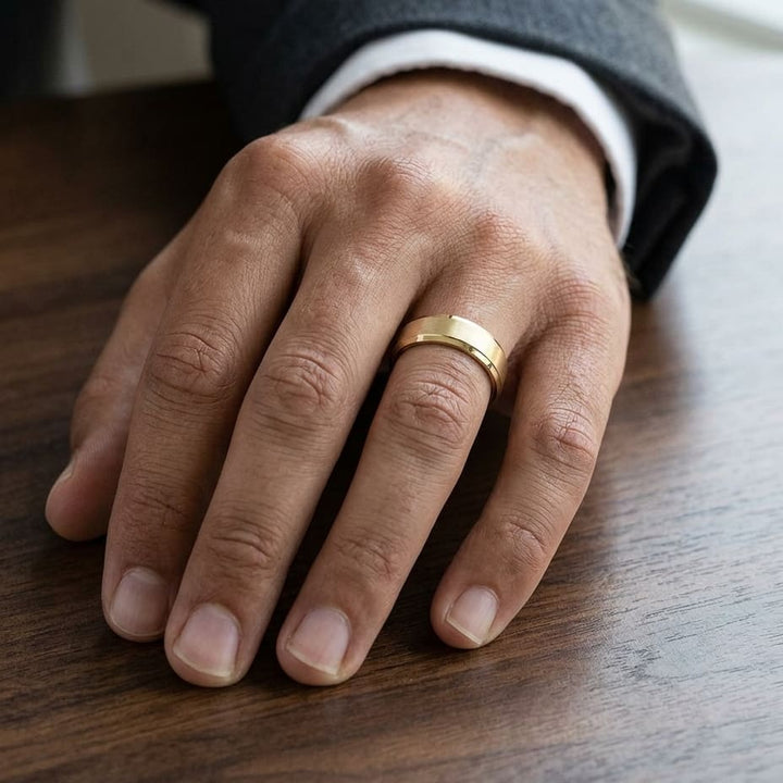 6mm Satin Finish High Polished Beveled Edge Carved Wedding Band in 18K Yellow Gold, worn on hand, masculine close-up