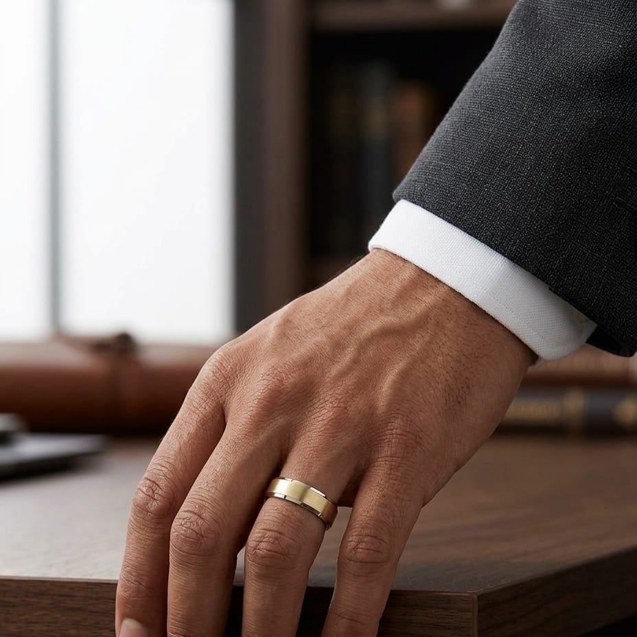 6mm Satin Finish High Polished Beveled Edge Carved Wedding Band in 18K Yellow Gold, worn on hand, masculine full view