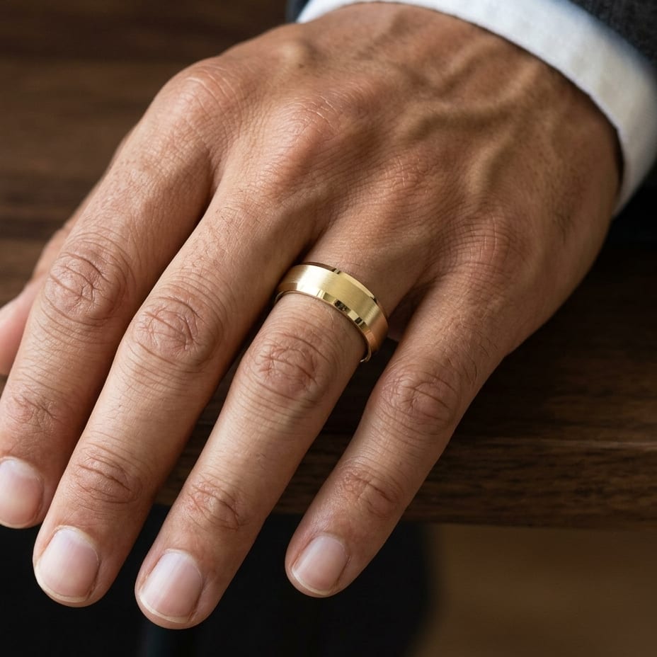 7mm Satin Finish High Polished Beveled Edge Carved Wedding Band in 18K Yellow Gold, worn on hand, masculine close-up
