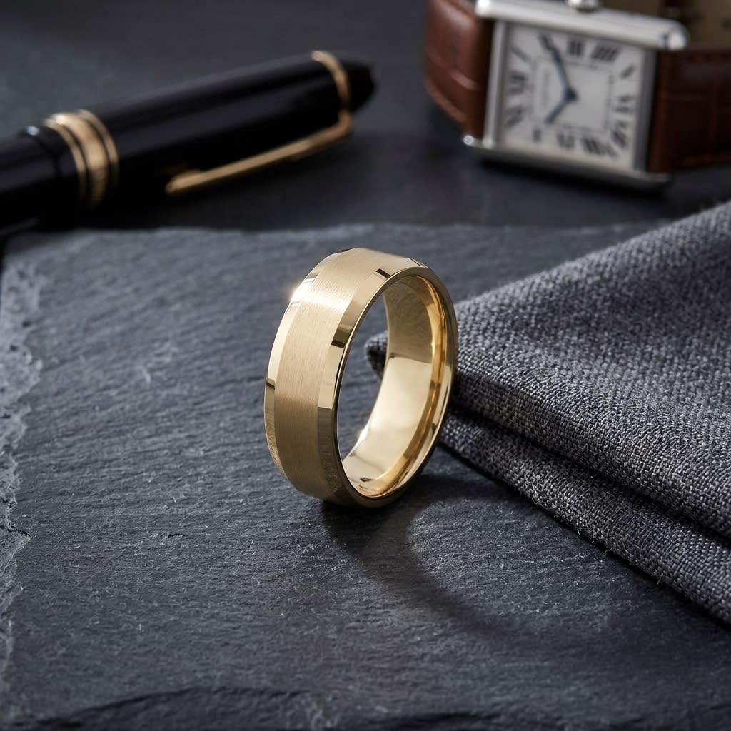7mm Satin Finish High Polished Beveled Edge Carved Wedding Band in 18K Yellow Gold, on walnut surface with pocket square