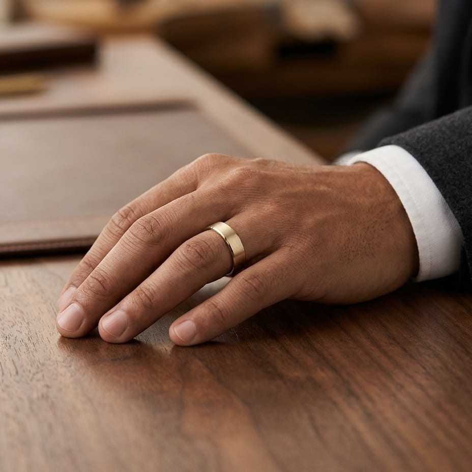 6mm Satin Finish Carved Wedding Band in 18K Yellow Gold, worn on hand, masculine full view