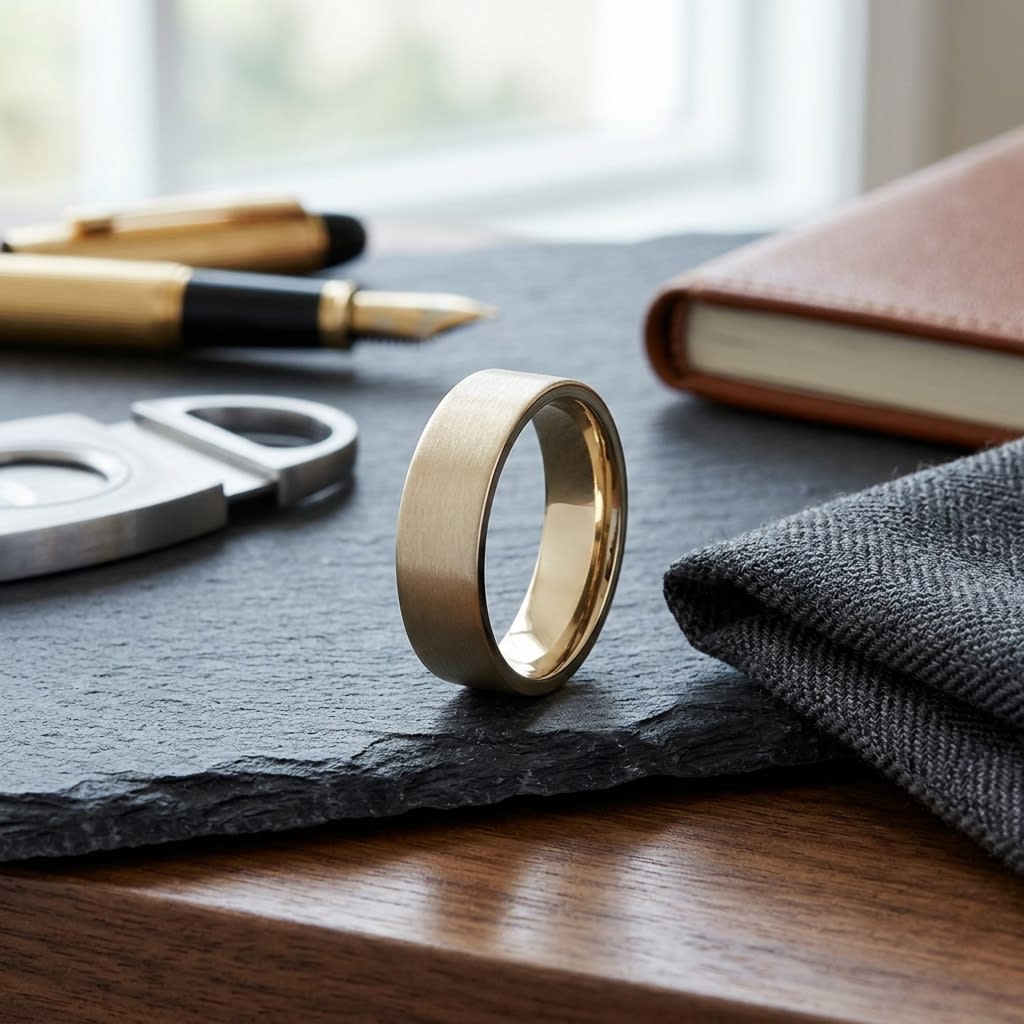 6mm Satin Finish Carved Wedding Band in 18K Yellow Gold, on walnut surface with pocket square