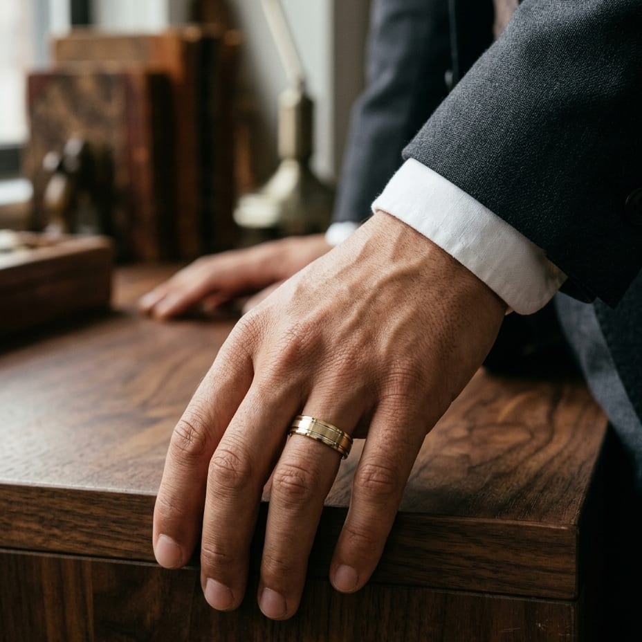 6mm Satin Finish Parallel Groove Carved Wedding Band in 18K Yellow Gold, worn on hand, masculine full view