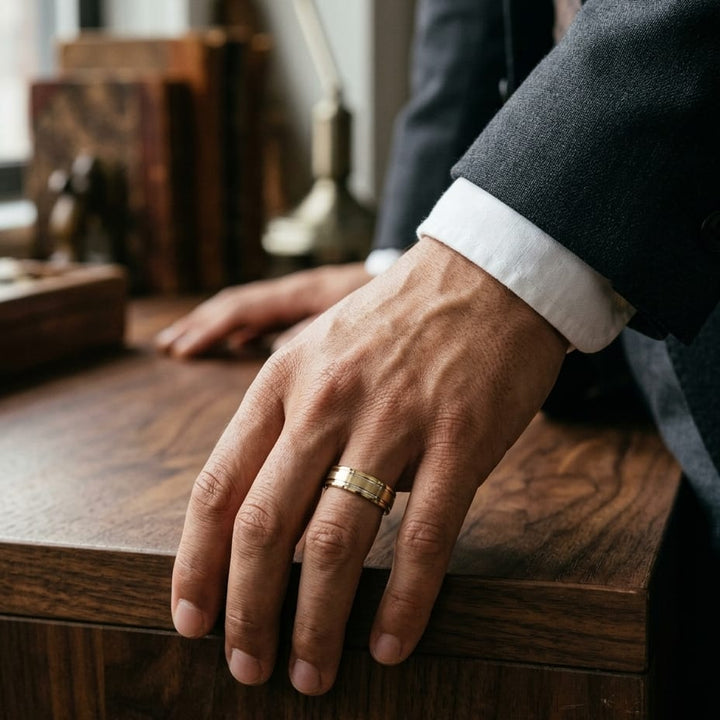 6mm Satin Finish Parallel Groove Carved Wedding Band in 18K Yellow Gold, worn on hand, masculine full view
