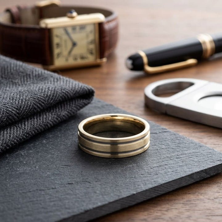 6mm Satin Finish Parallel Groove Carved Wedding Band in 18K Yellow Gold, on walnut surface with pocket square