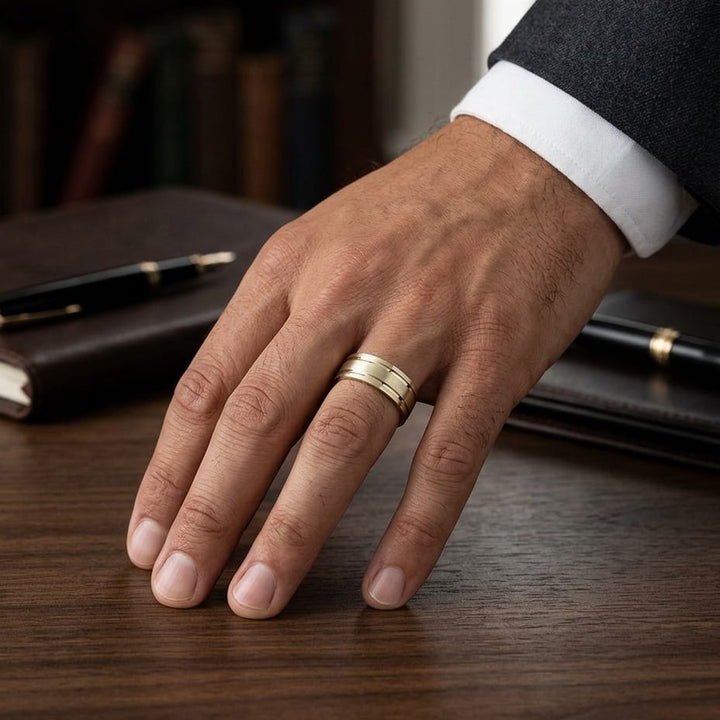 8mm Satin Finish Parallel Groove Carved Wedding Band in 18K Yellow Gold, worn on hand, masculine full view