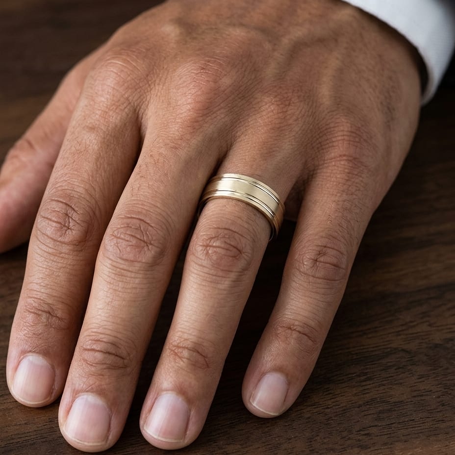 7mm Satin Finish Parallel Groove Carved Wedding Band in 18K Yellow Gold, worn on hand, masculine close-up